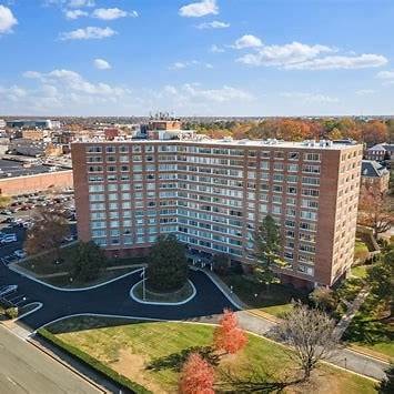 Aerial view of the building and courtyard